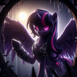 Size: 4096x4096 | Tagged: safe, ai content, derpibooru import, generator:dall-e 3, machine learning generated, twilight sparkle, twilight sparkle (alicorn), alicorn, pony, g4, angry, broken mirror, ears up, female, light, mare, mirror, prompter:rektpay, raised hoof, raised leg, solo, spread wings