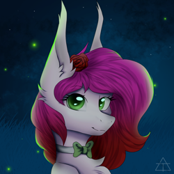 Size: 1768x1768 | Tagged: safe, artist:glotasha, derpibooru import, oc, oc only, oc:ellie berryheart, firefly (insect), insect, pegasus, pony, g4, big ears, bowtie, bust, ear fluff, ears, female, flower, flower in hair, fluffy, green eyes, long ears, looking at you, night, portrait, smiling, solo