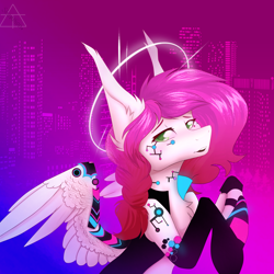 Size: 3104x3104 | Tagged: safe, artist:glotasha, derpibooru import, oc, oc only, oc:ellie berryheart, pegasus, pony, g4, braid, cyberpunk, female, gradient background, green eyes, implants, long ears, looking at you, purple background, simple background, solo