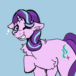 Size: 768x768 | Tagged: safe, artist:djdoublej, derpibooru import, starlight glimmer, pony, unicorn, g4, chest fluff, ear fluff, ears, elbow fluff, female, floppy ears, grin, looking at you, mare, one eye closed, raised hoof, raised leg, simple background, smiling, solo, sparkles, standing, teal background, three quarter view, wink, winking at you