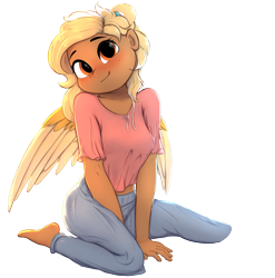 Size: 3351x3389 | Tagged: safe, artist:potato22, derpibooru import, oc, oc only, oc:mareota, anthro, pegasus, plantigrade anthro, barefoot, blushing, breasts, clothes, denim, feet, female, high res, jeans, looking at you, mare, missing shoes, pants, simple background, smiling, smiling at you, solo, transparent background