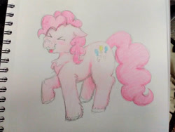 Size: 828x621 | Tagged: safe, artist:djdoublej, derpibooru import, pinkie pie, earth pony, pony, g4, ><, blushing, chest fluff, dog lip, eyes closed, female, mare, solo, tongue, tongue out, traditional art, unshorn fetlocks