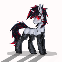 Size: 1600x1600 | Tagged: safe, artist:weiling, derpibooru import, oc, oc only, oc:blackjack, cyborg, pony, unicorn, fallout equestria, fallout equestria: project horizons, concave belly, cybernetic eyes, cyborg pony, fanfic art, female, frown, head turn, level 2 (project horizons), looking at you, mare, red and black mane, shadow, simple background, slim, solo, standing, sternocleidomastoid, thin, white background