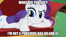 Size: 888x499 | Tagged: safe, derpibooru import, edit, edited screencap, screencap, rarity, unicorn, g4, lesson zero, caption, image macro, imgflip, meme, solo, text