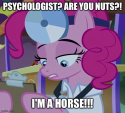 Size: 553x499 | Tagged: safe, derpibooru import, edit, edited screencap, screencap, pinkie pie, earth pony, pony, g4, season 9, the summer sun setback, spoiler:s09, caption, clipboard, doctor, female, image macro, imgflip, mare, mr horse, ren and stimpy, ren and stimpy adult party cartoon, solo, text