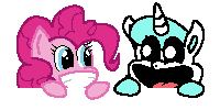 Size: 200x100 | Tagged: safe, artist:alumina nitride, derpibooru import, pinkie pie, earth pony, unicorn, g4, crafty corn, pixel art, poppy playtime, simple background, smile hd, smiley face, transparent background