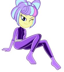 Size: 1104x1238 | Tagged: safe, derpibooru import, supernova zap, human, equestria girls, g4, base used, bodysuit, catsuit, clothes, latex, latex suit, looking at you, one eye closed, simple background, solo, totally spies, white background