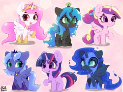 Size: 4000x3000 | Tagged: safe, artist:zokkili, derpibooru import, nightmare moon, princess cadance, princess celestia, princess luna, queen chrysalis, twilight sparkle, unicorn twilight, alicorn, changeling, changeling queen, nymph, pony, unicorn, g4, abstract background, beanbrows, blank flank, cewestia, chibi, crown, cute, cutealis, cutedance, cutelestia, eyebrows, eyebrows visible through hair, fangs, female, filly, filly cadance, filly queen chrysalis, filly twilight sparkle, foal, group, heart, heart background, heart eyes, high res, hoof shoes, horn, jewelry, looking at you, lunabetes, moonabetes, nicemare moon, nightmare woon, open mouth, open smile, peytral, pink-mane celestia, princess shoes, raised hoof, raised leg, regalia, sextet, slit eyes, smiling, smiling at you, sparkles, sparkly eyes, spread wings, starry eyes, twiabetes, wingding eyes, wings, woona, younger