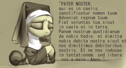 Size: 1125x606 | Tagged: safe, artist:applepost67, derpibooru import, earth pony, latin, monochrome, nun outfit, praying, solo