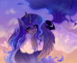 Size: 2123x1736 | Tagged: safe, artist:lenori, derpibooru import, princess luna, alicorn, pony, g4, blue eyes, blue mane, blue tail, blushing, cloud, crown, digital art, ethereal mane, ethereal tail, eyelashes, eyeshadow, feather, female, flowing mane, flowing tail, glowing, glowing horn, hoof shoes, horn, jewelry, looking at you, looking up, lying down, makeup, mane, mare, peytral, regalia, signature, sky, smiling, smiling at you, solo, sparkles, spread wings, starry mane, starry night, starry tail, stars, sunrise, tail, wings