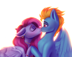 Size: 2100x1680 | Tagged: safe, artist:nimari, derpibooru import, oc, oc only, oc:samudash, pegasus, pony, g4, blushing, chest fluff, crepuscular rays, cute, digital art, ear piercing, eyes closed, feather, female, folded wings, heart, jewelry, kissing, lidded eyes, looking at each other, looking at someone, male, mare, necklace, not lightning dust, orange mane, piercing, pink mane, red eyes, shipping, signature, simple background, stallion, stallion oc, straight, sunlight, touching hooves, wings, yellow background