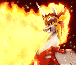 Size: 2000x1696 | Tagged: safe, artist:smeevel27, derpibooru import, daybreaker, alicorn, pony, g4, antagonist, armor, colored pupils, crown, digital art, ethereal mane, evil grin, eyelashes, eyeshadow, fangs, feather, female, fire, flowing mane, folded wings, gem, glowing, grin, helmet, high res, horn, jewelry, lidded eyes, looking at you, majestic, makeup, mane of fire, mare, orange eyes, peytral, purple background, regalia, signature, simple background, slit eyes, smiling, smiling at you, solo, teeth, villainess, wing armor, wings