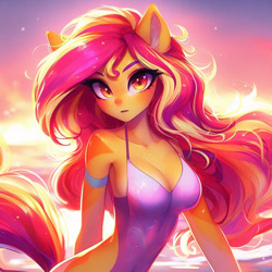 Size: 894x894 | Tagged: safe, ai content, derpibooru import, machine learning generated, sunset shimmer, anthro, g4, ambiguous facial structure, armband, belly button, breasts, clothes, female, looking at you, one-piece swimsuit, prompter:amber2024, sunset, sunset jiggler, swimsuit