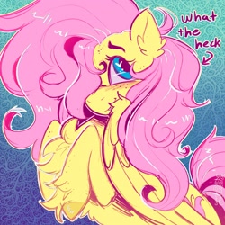 Size: 2000x2000 | Tagged: safe, artist:yumkandie, derpibooru import, fluttershy, pegasus, pony, g4, abstract background, blushing, chest fluff, cute, cute little fangs, fangs, female, fluffy, freckles, freckleshy, gradient background, hair over one eye, heart, heart eyes, hoof fluff, hooves to the chest, looking at you, mare, shy, shyabetes, smiling, solo, wingding eyes