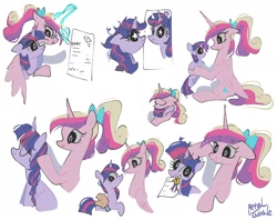 Size: 2048x1623 | Tagged: safe, artist:petaltwinkle, derpibooru import, princess cadance, twilight sparkle, unicorn twilight, alicorn, pony, unicorn, g4, bow, braiding, cardboard wings, cute, duo, ears, eyes closed, fake wings, female, filly, filly twilight sparkle, floppy ears, foal, glowing, glowing horn, hair bow, height difference, holding a pony, horn, hug, levitation, magic, mare, math, mirror, mouth hold, quill, reflection, ribbon, signature, simple background, smiling, starry eyes, teen princess cadance, telekinesis, twiabetes, white background, wing blanket, wingding eyes, winghug, wings, younger