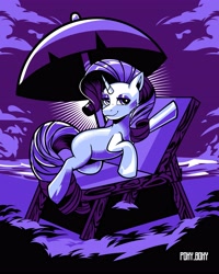 Size: 3277x4096 | Tagged: safe, artist:poxy_boxy, derpibooru import, rarity, earth pony, unicorn, g4, beach chair, chair, female, looking at you, mare, missing cutie mark, monochrome, ocean, purplescale, smiling, smiling at you, solo, umbrella, water