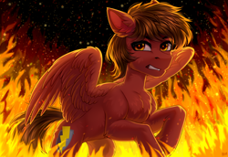 Size: 3624x2500 | Tagged: safe, artist:hakaina, derpibooru import, oc, pegasus, pony, backlighting, cheek fluff, chest fluff, chin fluff, colored, concave belly, ear fluff, ears, fire, fluffy, gritted teeth, high res, leg fluff, lidded eyes, lighting, looking sideways, looking up, partially open wings, pegasus oc, quadrupedal, shading, slim, teeth, thin, three quarter view, wings