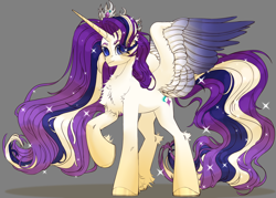 Size: 3500x2500 | Tagged: safe, alternate version, artist:medkit, derpibooru import, starlight glimmer, alicorn, pony, g4, alicornified, blue eyes, chest fluff, colored eyebrows, colored eyelashes, colored hooves, colored pupils, colored wings, crown, crystal, dun, ear fluff, ears, ears up, ethereal mane, ethereal tail, eye clipping through hair, eyebrows, eyebrows visible through hair, feathered wings, female, fringe, gradient hooves, gradient horn, gradient mane, gradient tail, gradient wings, high res, hoof fluff, horn, horseshoes, jewelry, leg fluff, lightly watermarked, long horn, long legs, long mane, long tail, looking at you, mare, multicolored mane, multicolored tail, partially open wings, png, princess, princess starlight glimmer, race swap, raised hoof, raised leg, redesign, redraw, regalia, requested art, shading, shoulder fluff, signature, silver, simple background, sketch, smiling, smiling at you, solo, standing, starlicorn, starry mane, starry tail, stars, sternocleidomastoid, tail, tall, two toned coat, two toned wings, wall of tags, watermark, white coat, wings, xk-class end-of-the-world scenario