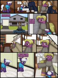 Size: 1750x2333 | Tagged: safe, artist:99999999000, derpibooru import, oc, oc only, oc:firearm king, oc:holly stone, oc:wilson cotes, earth pony, comic:grow with children, car, colt, comic, father, female, foal, food, house, male, mother