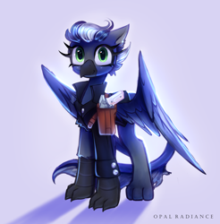 Size: 2800x2840 | Tagged: safe, artist:opal_radiance, derpibooru import, oc, griffon, blue, clothes, griffon oc, gun, jacket, solo, vgen, weapon