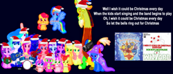 Size: 2087x894 | Tagged: safe, derpibooru import, edit, edited screencap, editor:incredibubbleirishguy, screencap, apple bloom, applejack, discord, fluttershy, pinkie pie, princess cadance, princess celestia, princess flurry heart, princess luna, rainbow dash, rarity, scootaloo, shining armor, spike, starlight glimmer, sweetie belle, trixie, twilight sparkle, twilight sparkle (alicorn), alicorn, draconequus, dragon, earth pony, pegasus, unicorn, g4, to where and back again, acoustic guitar, album, album cover, alicorn pentarchy, baby alicorn, bass guitar, camera, candy, candy cane, christmas, christmas lights, christmas party, cutie mark crusaders, dark background, drum kit, drums, female, filly, foal, food, glow in the dark, guitar, hat, hearth's warming, holiday, i wish it could be christmas everyday, link in source, lyrics, mane seven, mane six, musical instrument, present, royal sisters, santa hat, siblings, sisters, soundtrack, text, tweenies, wall of tags, winged spike, wings