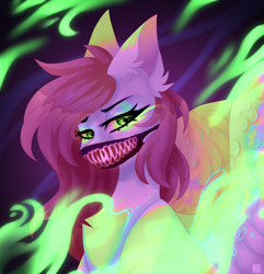 Size: 2080x2160 | Tagged: safe, artist:elektra-gertly, derpibooru import, oc, oc only, oc:ellie berryheart, pegasus, pony, g4, abstract background, devil, female, fire, fluffy, green eyes, long ears, long eyelashes, looking at you, mask, serious, solo, wings