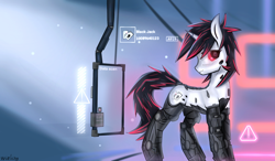 Size: 2400x1400 | Tagged: safe, artist:weiling, derpibooru import, oc, oc only, oc:blackjack, cyborg, pony, unicorn, fallout equestria, fallout equestria: project horizons, concave belly, cybernetic eyes, cybernetic legs, cyborg pony, fanfic art, female, head turn, level 2 (project horizons), looking at you, mare, quadrupedal, red and black mane, slim, solo, standing, sternocleidomastoid, thin
