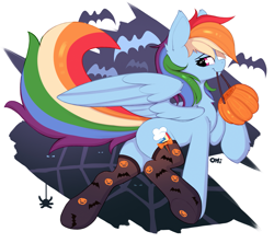 Size: 1383x1228 | Tagged: safe, artist:omi, derpibooru import, rainbow dash, pegasus, pony, g4, abstract background, best pony, clothes, female, halloween, holiday, looking at you, looking sideways, mare, mouth hold, profile, pumpkin, pumpkin bucket, side view, smiling, smiling at you, solo, stockings, thigh highs, wings