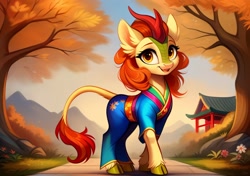 Size: 2048x1440 | Tagged: safe, ai content, derpibooru import, generator:easyfluff v11.2, machine learning generated, autumn blaze, kirin, g4, autumn, awwtumn blaze, clothes, cute, female, kimono (clothing), looking at you, mare, mountain, open mouth, open smile, pathway, prompter:siber, scenery, smiling, smiling at you, solo, tree