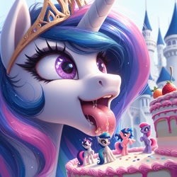 Size: 1024x1024 | Tagged: safe, ai content, derpibooru import, generator:dall-e 3, machine learning generated, princess celestia, alicorn, pony, g4, building, cake, cakelestia, canterlot, canterlot castle, close-up, crown, decoration, drool, extreme close-up, face, female, figurine, food, frosting, jewelry, mare, open mouth, open smile, prompter needed, regalia, smiling, solo, strawberry, teeth, that pony sure does love cakes, tongue, tongue out