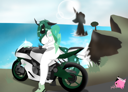 Size: 3416x2480 | Tagged: source needed, safe, artist:mairiathus, derpibooru import, queen chrysalis, anthro, changeling, g4, biker, breasts, clothes, female, looking back, motorcycle