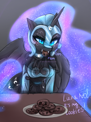 Size: 768x1024 | Tagged: safe, artist:taiweiart, derpibooru import, nightmare moon, alicorn, anthro, g4, breasts, cookie, eating, food, nightmare balloon, nom, table, text