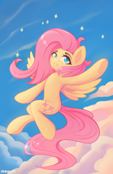 Size: 3248x5000 | Tagged: safe, artist:stravy_vox, derpibooru import, fluttershy, pegasus, pony, g4, anatomically incorrect, belly, cloud, female, flying, incorrect leg anatomy, mare, sky, smiling, solo, sparkles