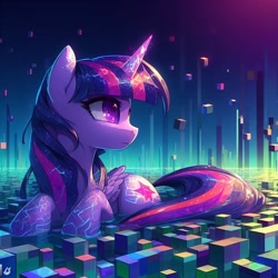 Size: 1024x1024 | Tagged: safe, ai content, derpibooru import, generator:dall-e 3, machine learning generated, twilight sparkle, twilight sparkle (alicorn), alicorn, g4, cube, ears up, female, folded wings, head turn, lying down, magic, mare, peaceful, prompter:rektpay, solo, wings
