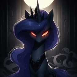 Size: 1024x1024 | Tagged: safe, ai content, derpibooru import, generator:dall-e 3, machine learning generated, princess luna, alicorn, g4, castle, ears up, female, folded wings, jewelry, light, looking at you, mare, prompter:rektpay, red eyes, regalia, serious, serious face, solo, wings