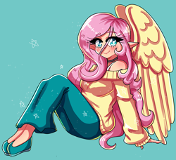 Size: 2199x2007 | Tagged: safe, artist:mylittleyuri, derpibooru import, fluttershy, human, g4, blue background, blushing, bra, bra strap, choker, clothes, cute, denim, elf ears, female, flats, humanized, long skirt, shoes, shyabetes, simple background, sitting, skirt, solo, sweater, sweatershy, underwear, winged humanization, wings