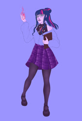 Size: 1024x1515 | Tagged: safe, artist:kefirchik7, derpibooru import, twilight sparkle, human, g4, alternate hairstyle, blue background, book, clothes, female, glasses, grin, humanized, lipstick, magic, makeup, shoes, simple background, skirt, smiling, socks, solo, stockings, sweater, thigh highs
