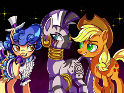 Size: 680x512 | Tagged: safe, artist:scarlattobrightstar, derpibooru import, applejack, sapphire shores, zecora, earth pony, pony, zebra, g4, applejack's hat, blushing, bracelet, clothes, cowboy hat, cute, dress, ear piercing, earring, female, freckles, grin, hat, hoof shoes, jackabetes, jewelry, looking at each other, looking at someone, mare, neck rings, piercing, raised hoof, raised leg, smiling, top hat, trio, zecorable