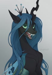 Size: 1175x1700 | Tagged: safe, artist:unamori, derpibooru import, queen chrysalis, changeling, changeling queen, pony, g4, bust, fangs, female, gradient background, gray background, long mane, looking at you, mare, open mouth, portrait, sharp teeth, simple background, solo, teeth, thin