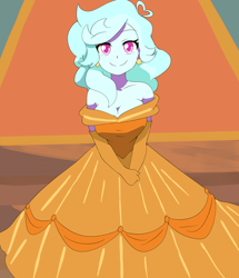 Size: 930x1080 | Tagged: safe, artist:aokushan, derpibooru import, oc, oc only, oc:jemimasparkle, human, equestria girls, bare shoulders, belle, big smile, breasts, clothes, dress, evening gloves, female, gloves, gown, humanized, long gloves, smiling, solo, solo female