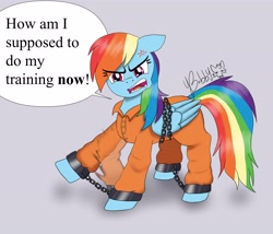 Size: 3500x3000 | Tagged: safe, artist:bobby_dogthing, derpibooru import, rainbow dash, pegasus, pony, g4, ankle chain, bondage, bound wings, chained, chains, clothes, commissioner:rainbowdash69, cuffed, cuffs, jumpsuit, never doubt rainbowdash69's involvement, prison outfit, prisoner rd, shackles, solo, wings