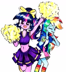 Size: 1937x2128 | Tagged: safe, artist:liaaqila, derpibooru import, rainbow dash, twilight sparkle, equestria girls, g4, belly, belly button, cheerleader, cheerleader outfit, cheerleading, clothes, commission, duo, female, hypnosis, midriff, open mouth, pom pom, rainbow socks, simple background, skirt, slim, socks, striped socks, thin, white background