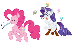 Size: 987x580 | Tagged: safe, artist:dstears, derpibooru import, edit, pinkie pie, rarity, earth pony, parasprite, pony, unicorn, g4, swarm of the century, adorkable, colored, coward, cute, diapinkes, dork, duo, duo female, eyes closed, female, flute, karma, mare, monochrome, music notes, musical instrument, rariwimp, sassapinkes, scene interpretation, simple background, sketch, stool, stray strand, transparent background