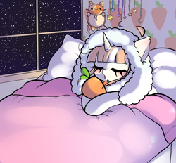 Size: 2560x2372 | Tagged: safe, artist:arwencuack, derpibooru import, oc, oc:carrot cake, unicorn, art trade, bed, carrot, cat clock, clock, cute, food, pillow, sleeping, snow, solo, window