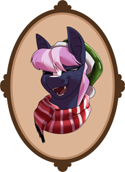 Size: 3015x4139 | Tagged: safe, artist:parrpitched, derpibooru import, oc, oc only, oc:nurse lavender blossom, bat pony, bust, christmas, clothes, hat, holiday, latex, portrait, prisoners of the moon, rubber, santa hat, scarf, simple background, solo, striped scarf, transparent background