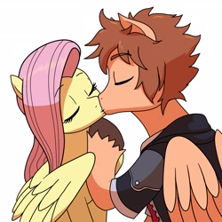 Size: 3600x3600 | Tagged: safe, artist:pony quarantine, derpibooru import, fluttershy, oc, pegasus, pony, canon x oc, commission, crossover, crossover shipping, duo, duo male and female, eyebrows, eyebrows visible through hair, eyes closed, female, kingdom hearts, kiss on the lips, kissing, male, mare, ponified, shipping, simple background, sora, sorashy, species swap, stallion, straight, white background