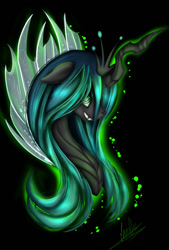 Size: 1024x1516 | Tagged: safe, artist:irayuune, derpibooru import, queen chrysalis, changeling, g4, black background, bust, clothes, colored pupils, crown, digital art, eyelashes, female, glowing, green eyes, green mane, horn, jewelry, lidded eyes, looking at you, mare, portrait, regalia, see-through, signature, simple background, smiling, solo, stars, wings