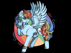 Size: 1280x960 | Tagged: safe, artist:binibean, derpibooru import, rainbow dash, pegasus, pony, g4, 20% cooler, black background, female, grin, head turn, mare, simple background, smiling, solo, spread wings, sunglasses, wings