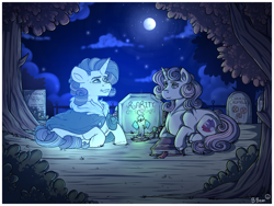 Size: 1280x960 | Tagged: safe, artist:binibean, derpibooru import, rarity, sweetie belle, ghost, pony, undead, unicorn, g4, book, candle, duo, duo female, female, full moon, gravestone, implied cookie crumbles, implied hondo flanks, looking at each other, looking at someone, lying down, mare, moon, night, older, older rarity, older sweetie belle, prone, siblings, sisters