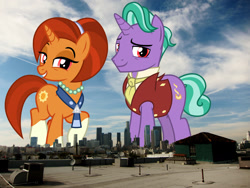 Size: 1920x1440 | Tagged: safe, artist:cheezedoodle96, derpibooru import, edit, editor:jaredking779, firelight, stellar flare, pony, unicorn, attack on pony, california, clothes, coat markings, duo, female, giant pony, giantess, grin, highrise ponies, irl, jewelry, los angeles, macro, male, mare, necklace, necktie, pearl necklace, photo, ponies in real life, red eyes, shirt, smiling, socks (coat marking), stallion, story included, vest